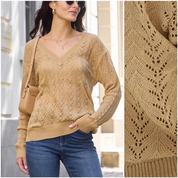 NWT Cupshe Brown Beige Pointelle V Knit Crochet Long Light Spring Sweater S - Picture 12 of 13